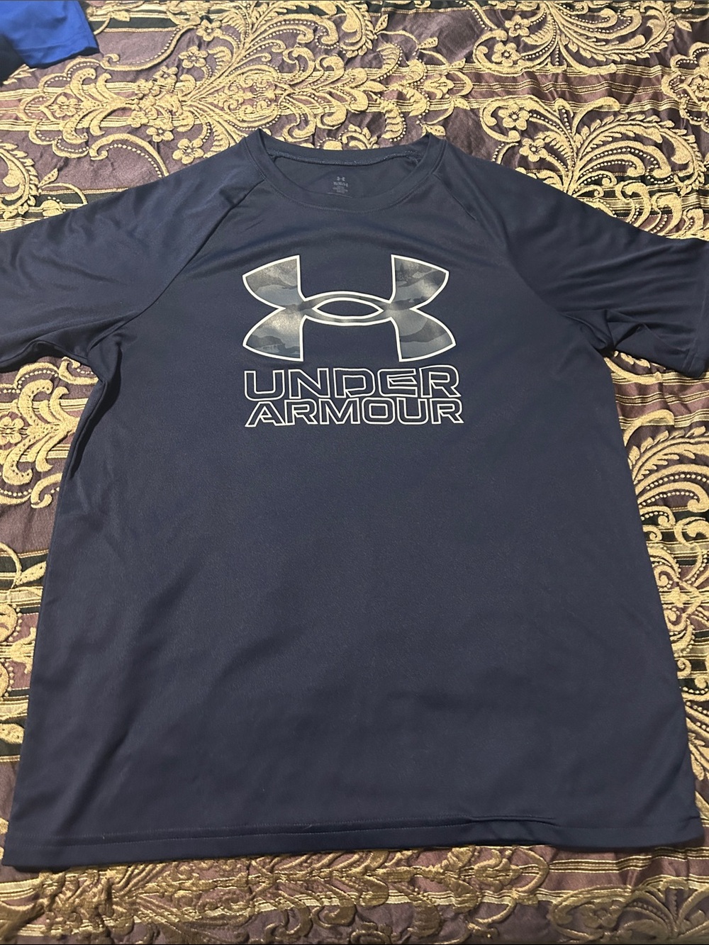 Under Armour Youth L Navy SS Gray Camo Logo Performance Tech Tee Like New